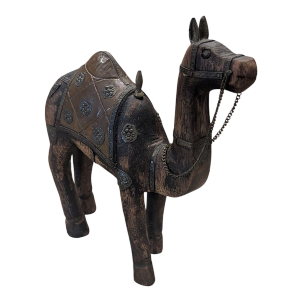 Antique Middle Eastern Persian Hand Carved Wood W Brass & Copper Inlays Camel